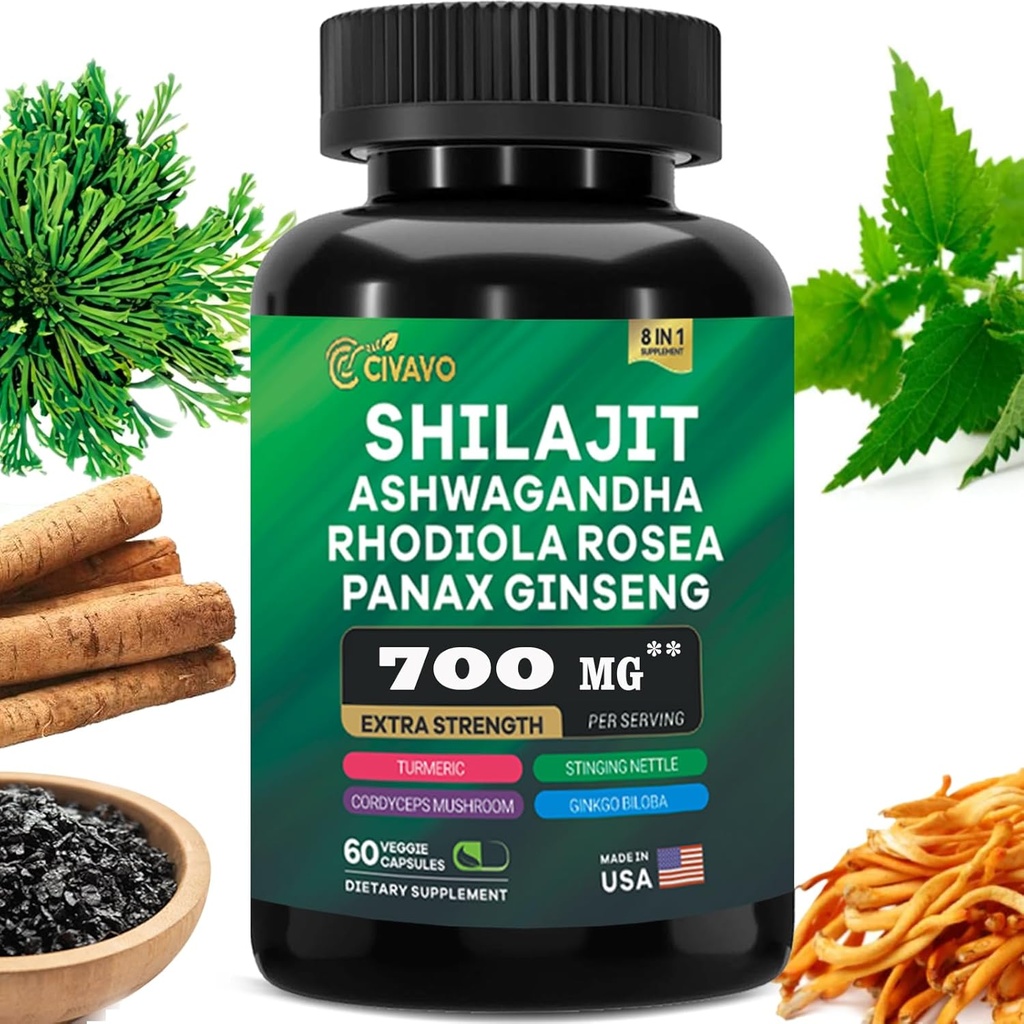 Shilajit Pure Himalayan 9000MG, Ashwagandha 2000MG, Rhodiola Rosea 1000MG, Panax Ginseng 1500MG, Turmerica 500MG, Gingko Biloba 500MG, Stinging Nettle 250MG, Cordyceps Mushroom 500MG