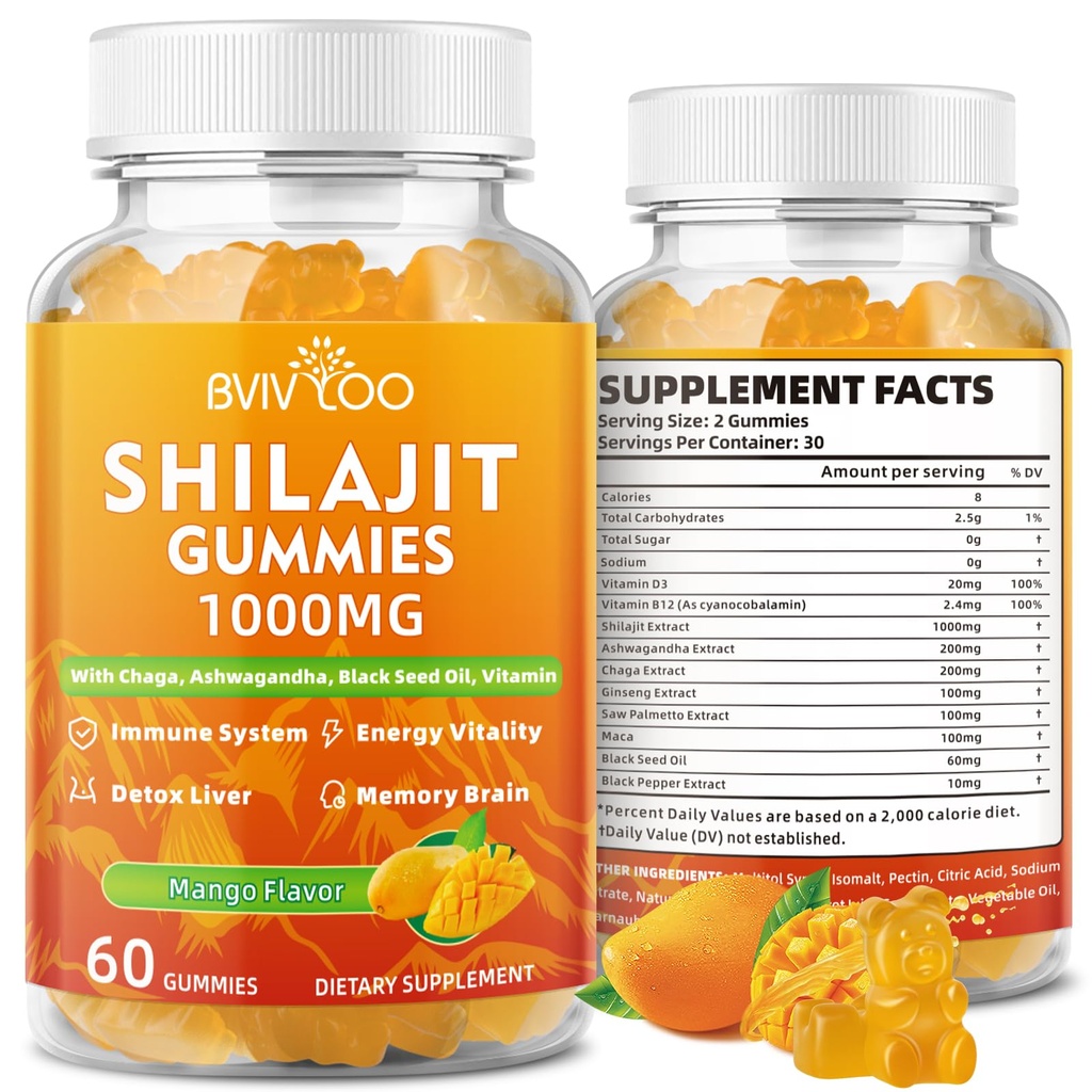 Shilajit Gummies 1000mg Sugar Free - Shilajit Supplement for Men & Women - High in 85+ Trace Minerals & Fulvic Acid - Energy, Brain, Imunity - 60 Gummies