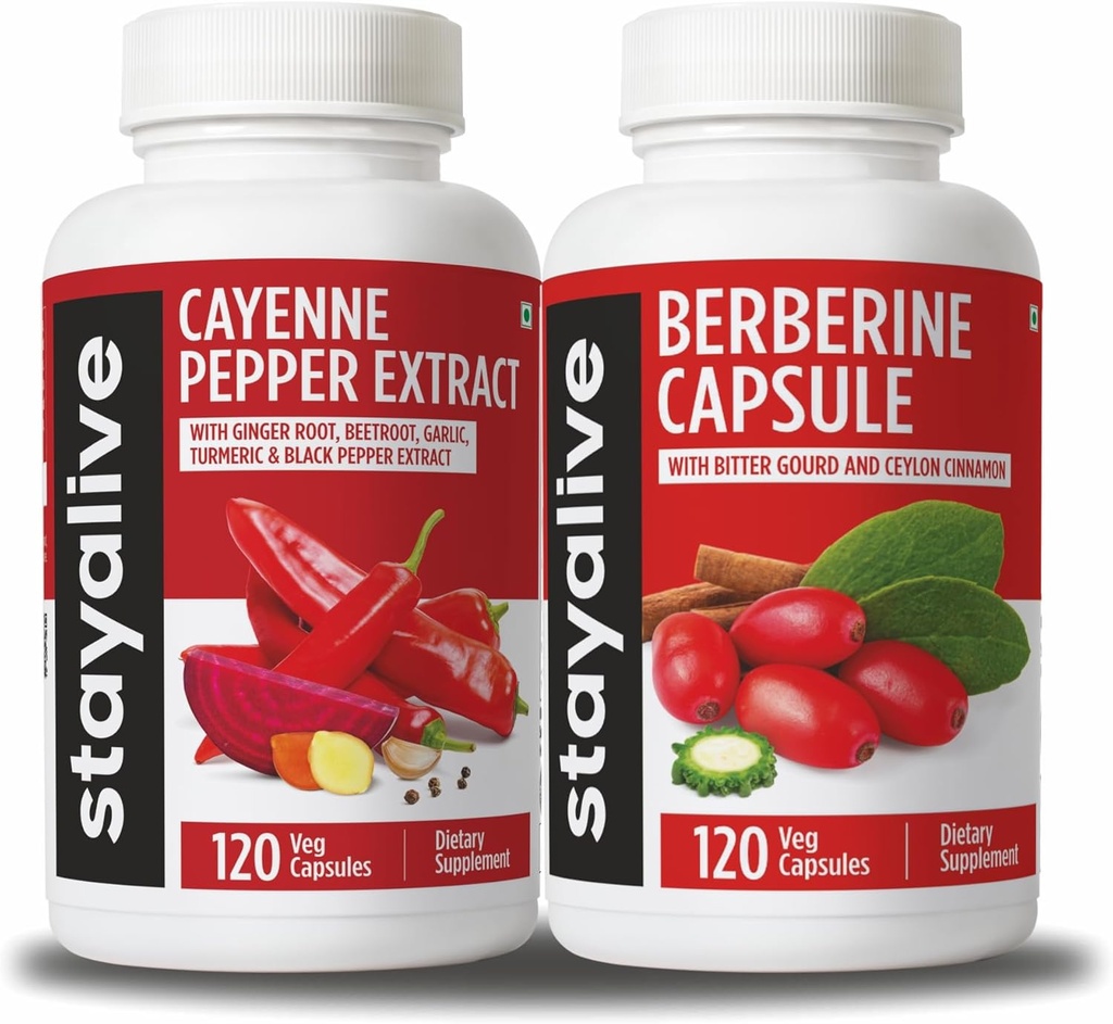 STAY ALIVE Cayenne a Berberine Bundle s škoricou a horkou tekvicou extrakt, 240 Vegan Pills, non-GMO & Gluten Free Berberine Cayenne Pepper Supplement