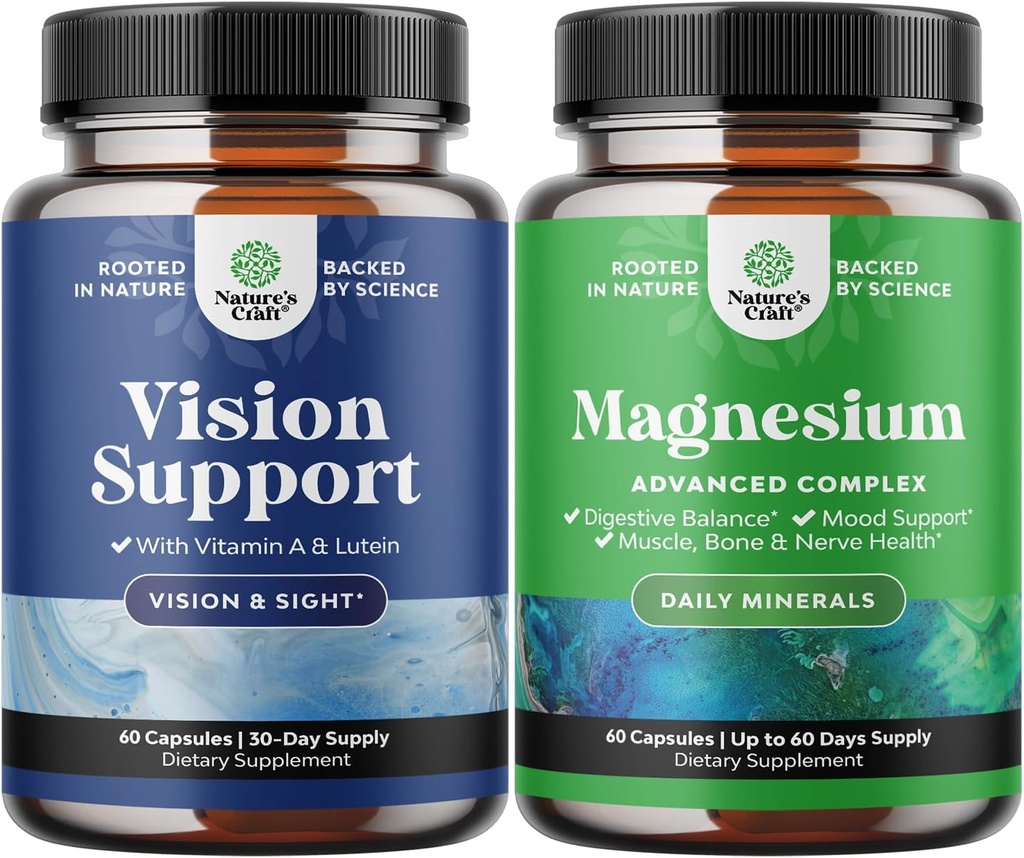 Bundle of Complete Eye Health Supplement for Adults for Vision Dry Eyes Pressure and Blue Light Protection and High Absorbtion Magnézium Complex Supplement for Sleep Blach Digestion and Mood Support