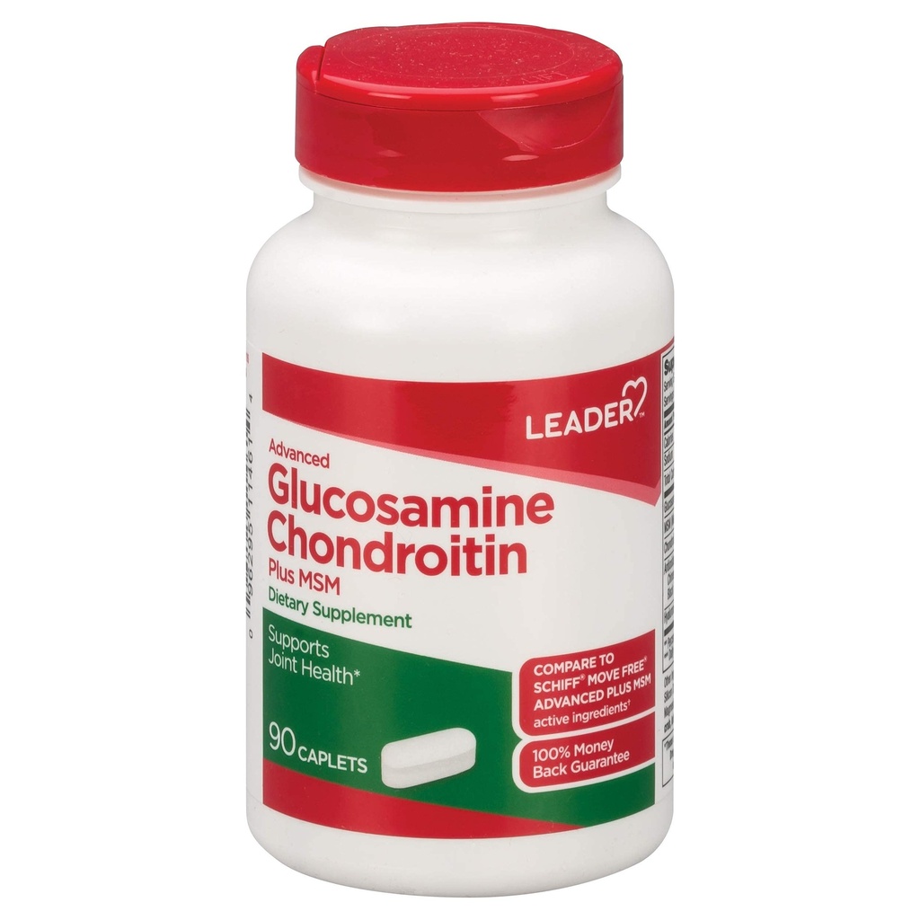 Leader Advanced Glucosamine Chondroitin Plus MSM, Dietary Supplement, v porovnaní s Schiff Move Free Advanced + MSM Active Ingredient 90 Caplets