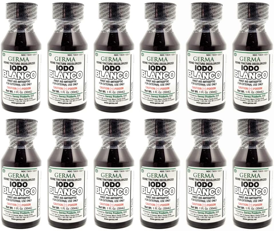 Germa White Iodine Tincture. Prvá pomoc antiseptické. pre malé kocky, rezy, Bruises a Burns. 1 oz. Balenie po 12 kusoch