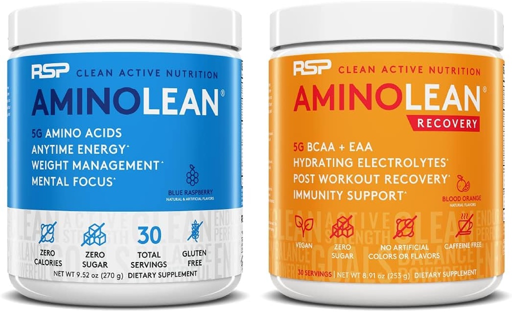 RSP NUTRITION AminoLean pre cvičenie energie (Modrá malina 30 slúži) s AminoLean zotavenie post tréning Boost (Blood Orange 30 slúži)