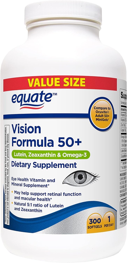 Equate Vision Formula 50+ lutein, Zeaxantin & Omega-3, 300 Softgels