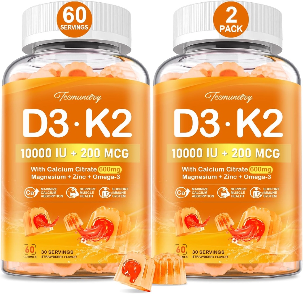 Vitamín D3 K2 5000IU / 10000 IU Gummy pre dospelých - K2 D3 Vitamínové doplnky s 600 mg vápnika, K2 (MK-7) 200 μg, horčík, zinok, Omega-3 - podporuje vstrebávanie vápnika a imunitné zdravie