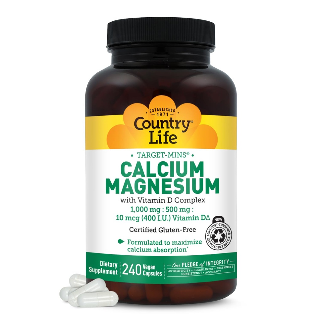 Country Life Target-Mins Calcium Magnézium s vitamínom D-Complex, 1000mg/500mg/10mcg, 240 Vegan Kapsule, Certified Gluten Free, Certified Vegan, Overené non-GMO Overené