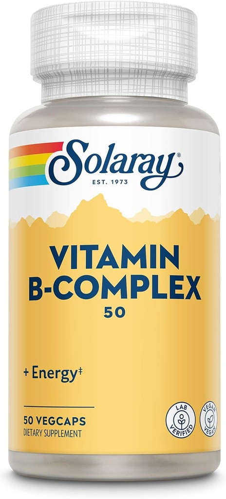 SOLARAY vitamín B komplex 50 mg - bunková energia Vitamíny - metabolizmus a Nervová zdravotná podpora s vitamínom B12, vitamín B1, B6, niacín, kyselina listová, biotín a iné B vitamíny - Vegan, 50 VegCaps