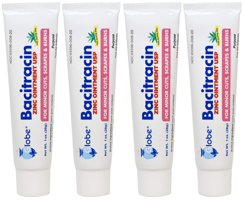(4 balenia) Globe Bacitracin Zinok Masť + Aloe 1oz, Antibiotická masť, Essential Antibiotic First Aid Supplies, Liečebné akcie, Maximálna antibiotická sila, Zabraňuje infekcii v rezoch, škrabance, Burns