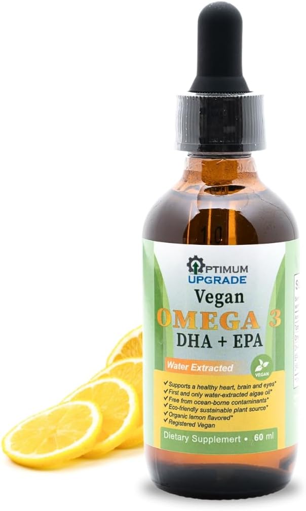 OU Vegan Omega 3 kvapky - citrónová ochutená, organické vody-extracted Algae olej s EPA, DHA & DPA - non-GMO, Rastlinné na báze tekutého vitamínu pre srdce, mozog a spoločné zdravie - 60 dávok