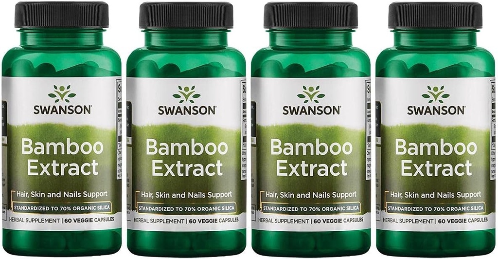 Swanson Bambus Extract - Prírodné vlasy, koža a nechty doplnok - 70% Silica Obsah Podpora Kolagén Tvorba a rast kostí - (60 Veggie Kapsule, 300mg Každý) 4 Balenie