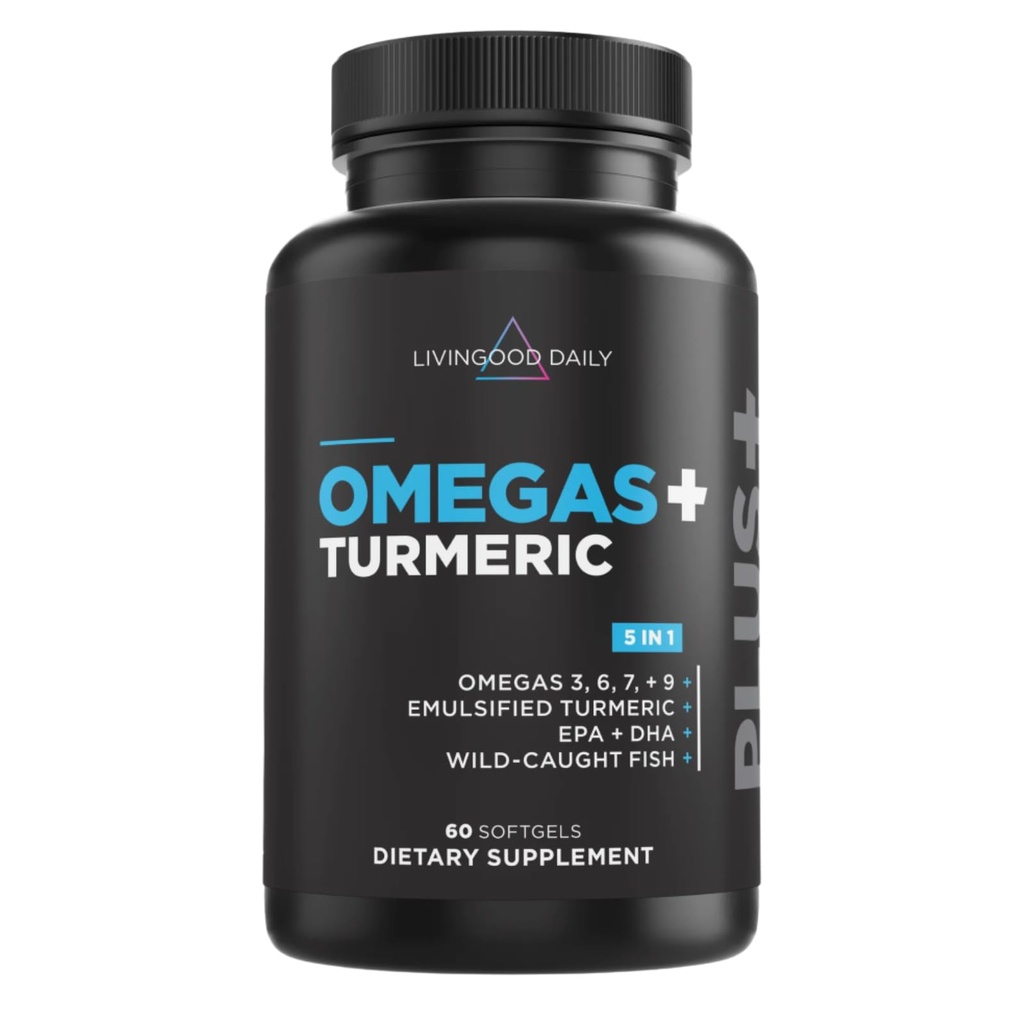 Livingood Daily Omega 3 6 9 Plus Turmeric Curcumin Supplement, 60 Softgels - Fish Oil Omega 3 Supplements (EPA & DHA) for Men and Women - Brain, Joint, Heart Health, and Metabolizmus - Made in USA