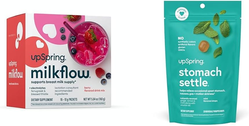 UpSpring Milkflow Elektrolyte Doplnok Dojčenie Nápoj Zmiešajte s senovkaňové Žalúdočné Seattle kvapky pre príležitostné nauzea Relief/Upset Žalúdok s zázvorom, citrónom, spearmintom a B6.