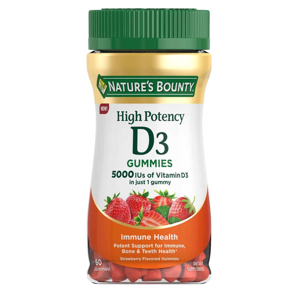 Bounty Vitamín D 5000 IU Gummies, Vitamín D3 Vysoká potencia Imunitná podpora a Bone Health Supplement, 5000 IU in 1 Gummy, Jahodová príchuť, 2 mesiace Zásoba, 60 Vegetariánske Gummy pre dospelých