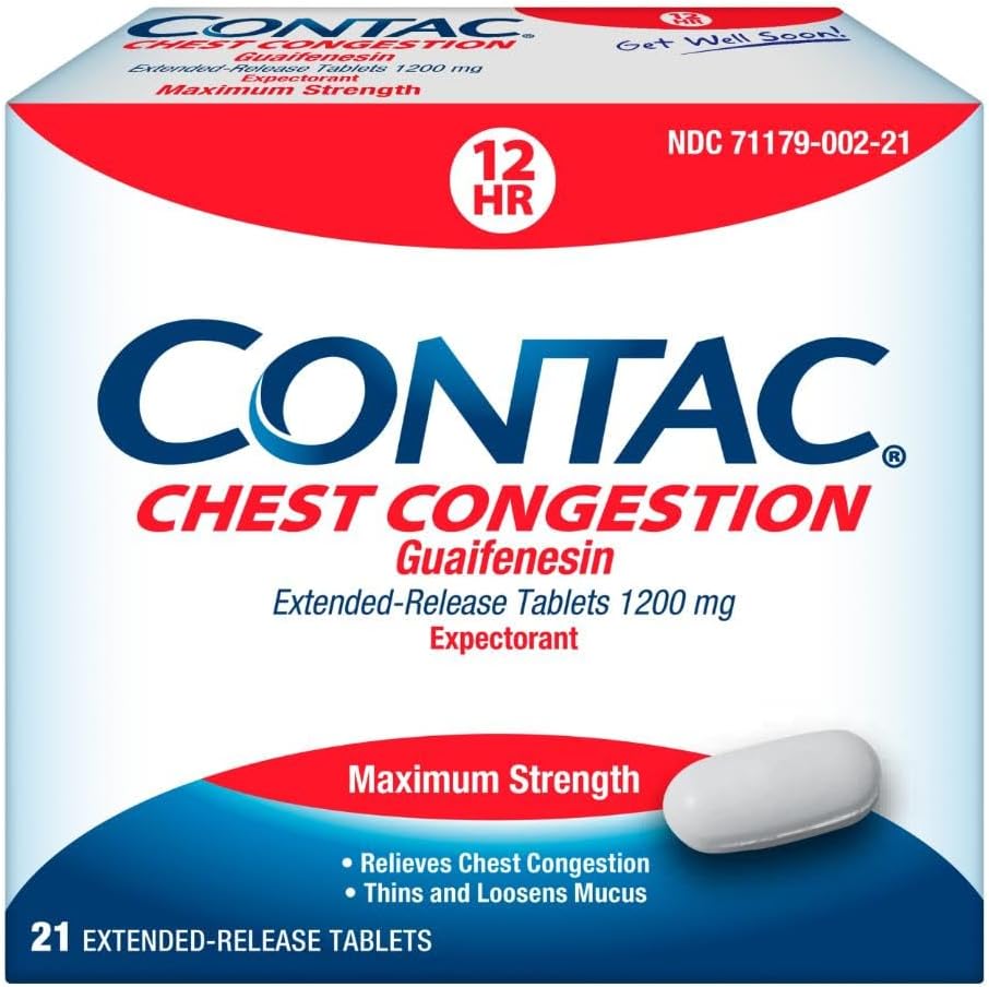 Contac Chest Congestion, Maximum Strength Explorant Controls Kašeľ a tenký a voľný hlienu, Tablety s predĺženým uvoľňovaním, Guaifenesin 1200 mg, Tablety s predĺženým uvoľňovaním, 21 Počet
