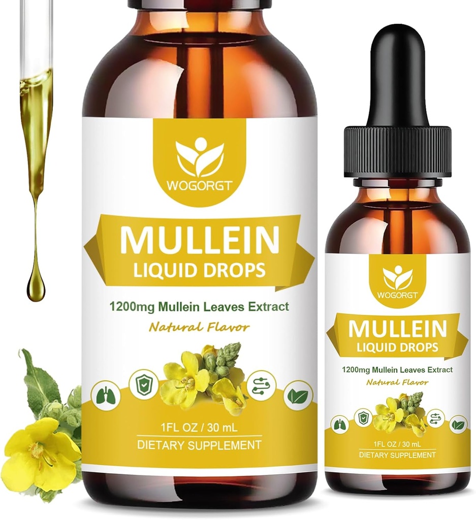 4-v-1 Mullein listy extrakt kvapky pre Pľúca - Podpora dýchania a Pľúca čistiť, Mullein Liquid Doplnky s bazami, marshmallow Root & Orange Peel, Prírodná chuť, 1 Fl Oz (2 balenie)