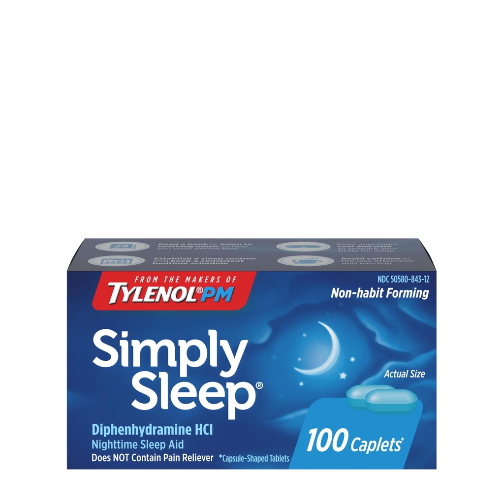 Tylenol Iba pre nočné spánkové pomôcky na spánok Kaplety, 25 mg difenhydramín HCl, nehabitová pomoc na spánok pre dospelých, 100 počítanie