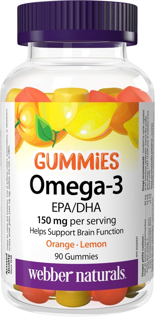 Webber Naturals Omega-3 Gummies 50 mg EPA/DHA · EPA/DHA, Orange · Cherry · Citrón, 90 Gummies
