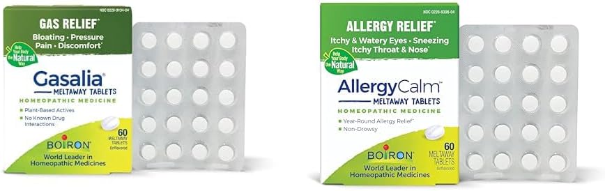 Boiron Gasalia Tablety 60 Počet a alergieKalm Tablety 60 Počet pre úľavu od plynu, Bloating, Alergie, a Hay horúčka