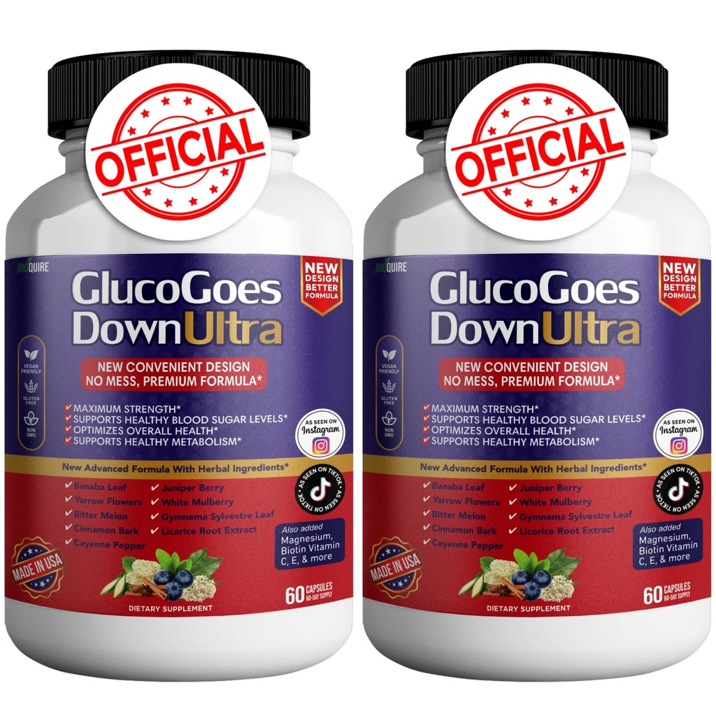 GlucoGoes Down Ultra Dietary Supplement, 120 Capsules, Maximum Strength, Supports Healthy Blood Sugar Levels, Optimizes Overall Health - Pack of 2