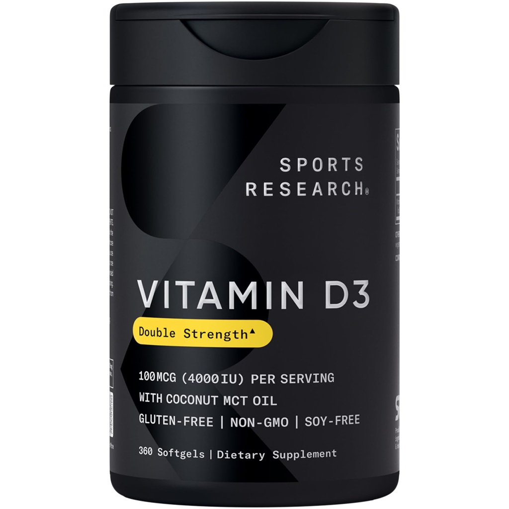 Sports Research® Vitamín D3 4000 IU s kokosovým MCT olejom - Double Strength Vitamín D Supplement - Gluten Free · Non-GMO · Soy Free - 360 Count Softgels