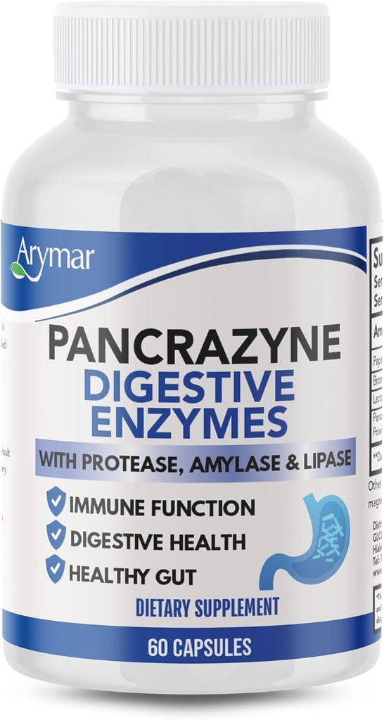 Arymar Pancrazyne Probiotiká, Digestívne enzýmy s amylázou, Proteáza, Lipáza & Lactobacillus, Gut Health & Digestive Suplement, 60 kapsúl