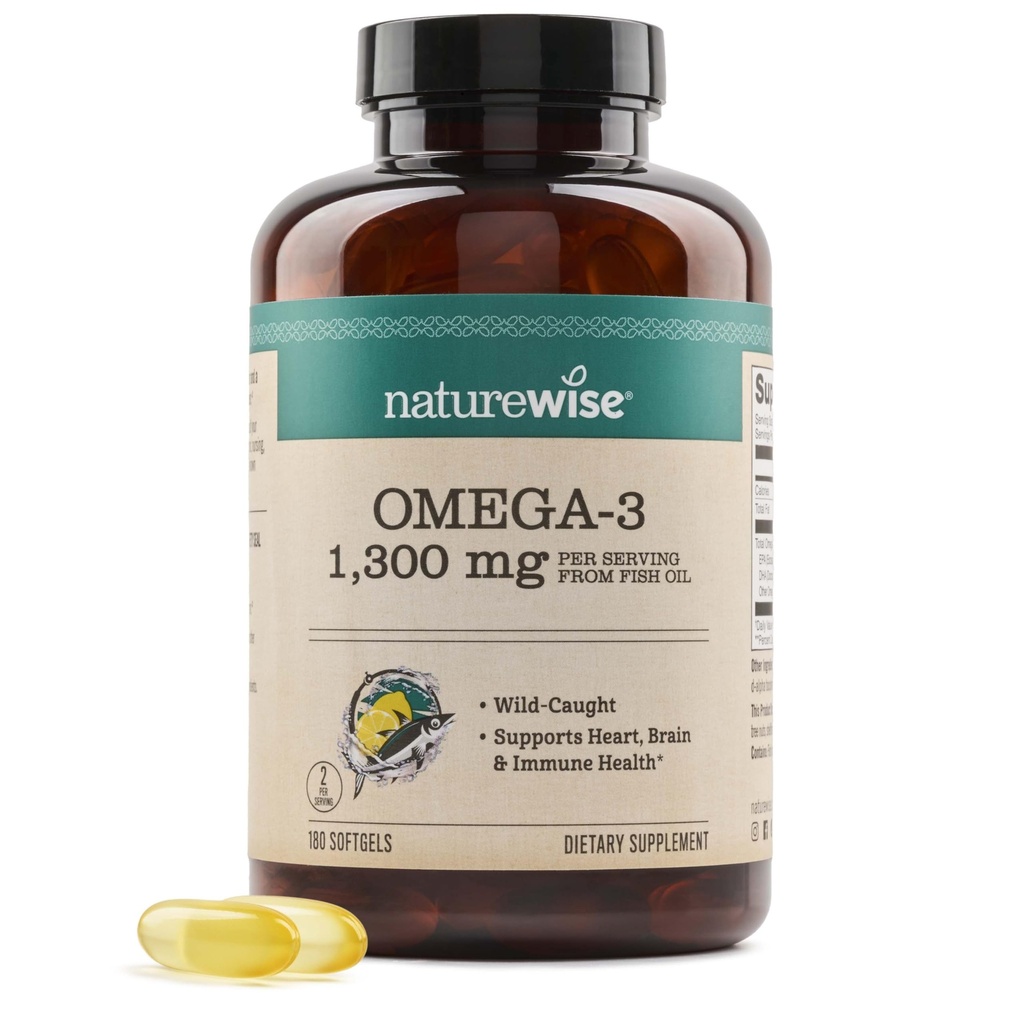NatureWise Ultra Omega 3 Fish Oil 2200 mg - Triglycerid forma - citrónová aróma - Wild-Caught Fish Oil + EPA & DHA - podporuje zdravie mozgu a srdca - Burpless, non-GMO - 180 Softgels[3-Month Supply]