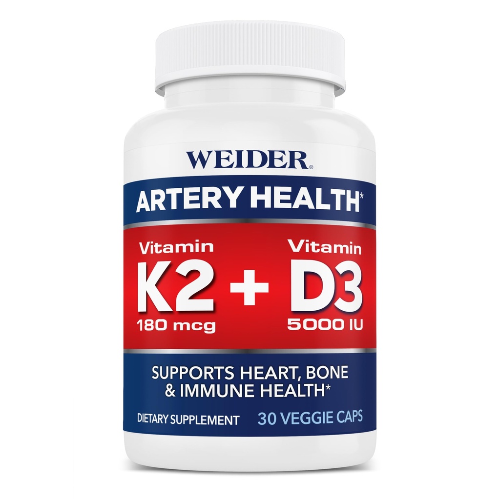 Weider Artery Health for Heart, Immune and Bone Support with Vitamin K2 (180mcg) & Vitamin D3 (5 000iu), 30 Veggie Capsules