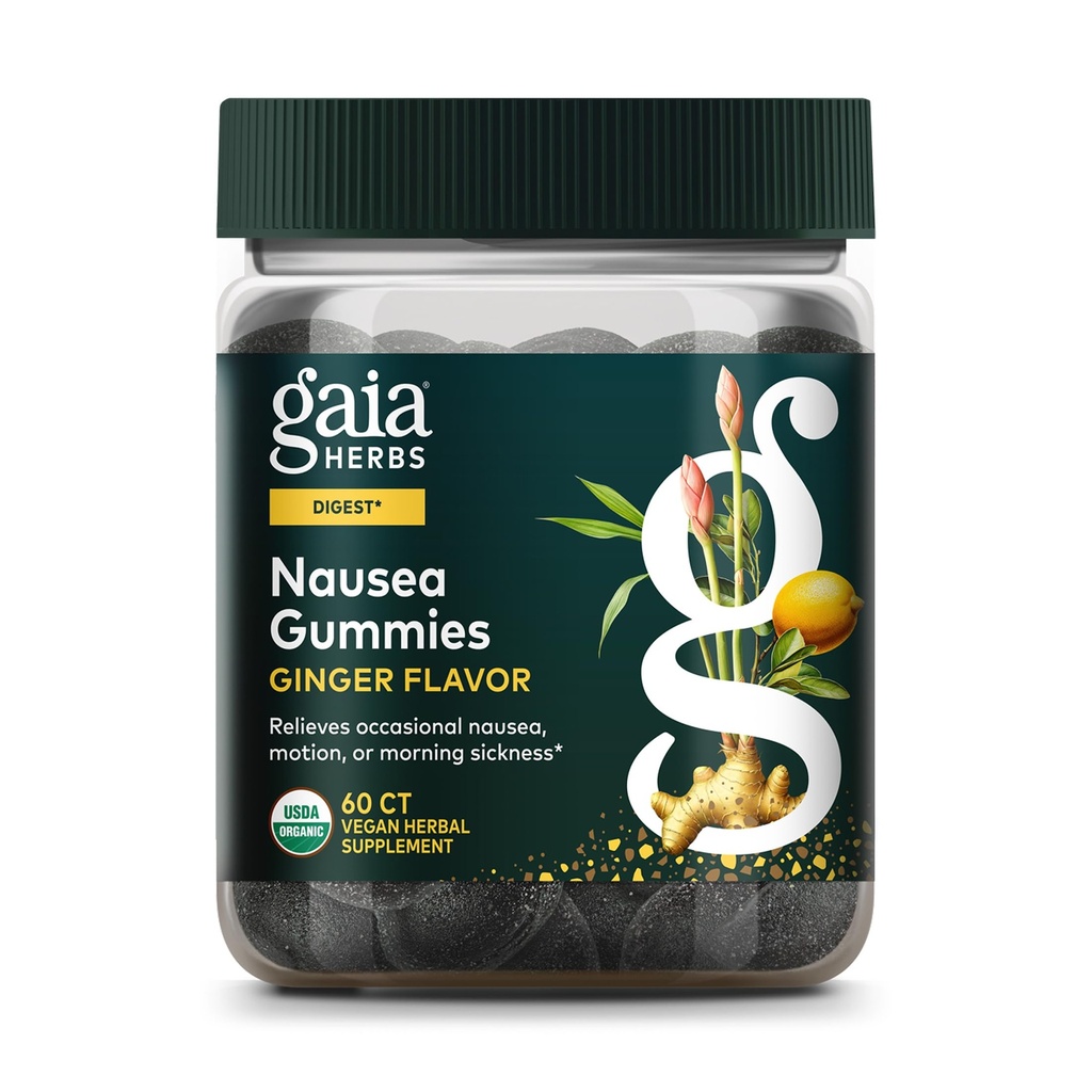 Gaia byliny nevoľnosť Organické Gummy - Relives Príležitostná nevoľnosť - s zázvorom a citrónom - 60 Vegan Gummy (30-Deň dodávky)