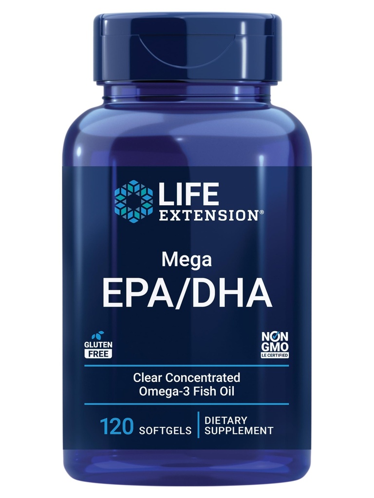 Extension života Mega EPA/DHA, Omega-3 Mastné kyseliny, zdravie srdca a mozgu, non-GMO, bezlepkové, 120 softgelov
