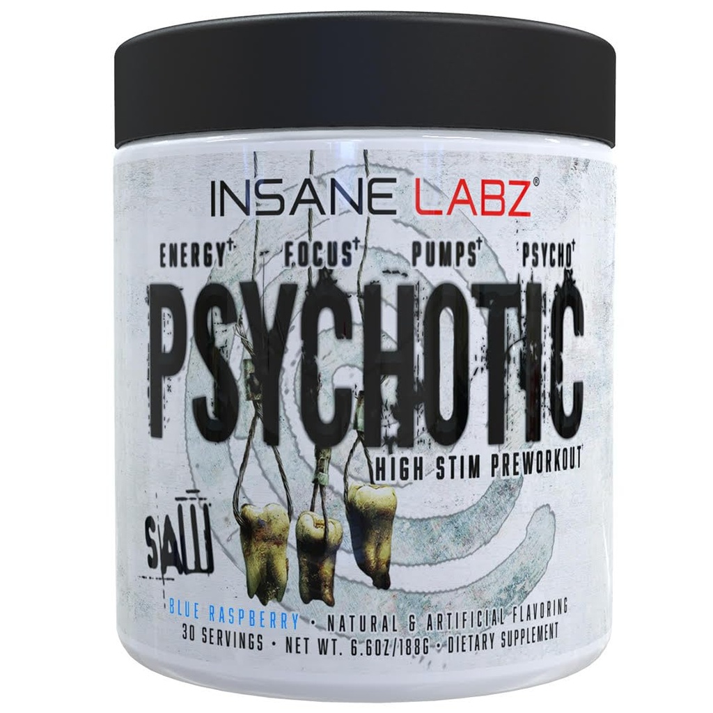 Insane Labz Psychotic SAW, High Stim Pre Workout Powder s OxyGold TM a AMPiberry®,Extreme Lasting Energy with Teacrine®,Focus with CognitIQ® and Endurance (30 servings (Pack of 1), Blue Raspberry)