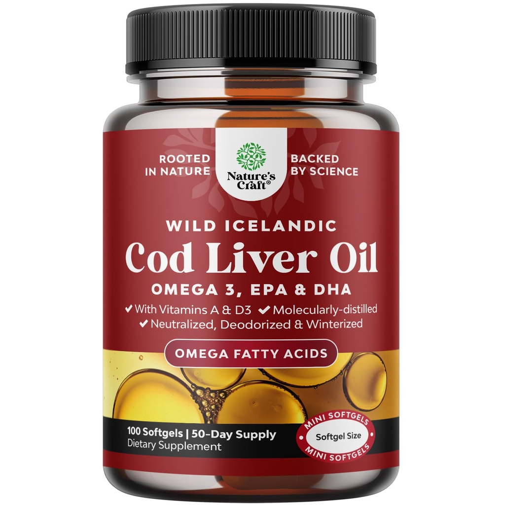 Iceland Wild Caught Cod Liver Oil Softgels - Fish Omega 3, EPA, DHA, Vitamín D & A, 1000mg Per Serving - Burpless Kapsule od Heart, Joint, Brain & Immune Support - 100 Gróf