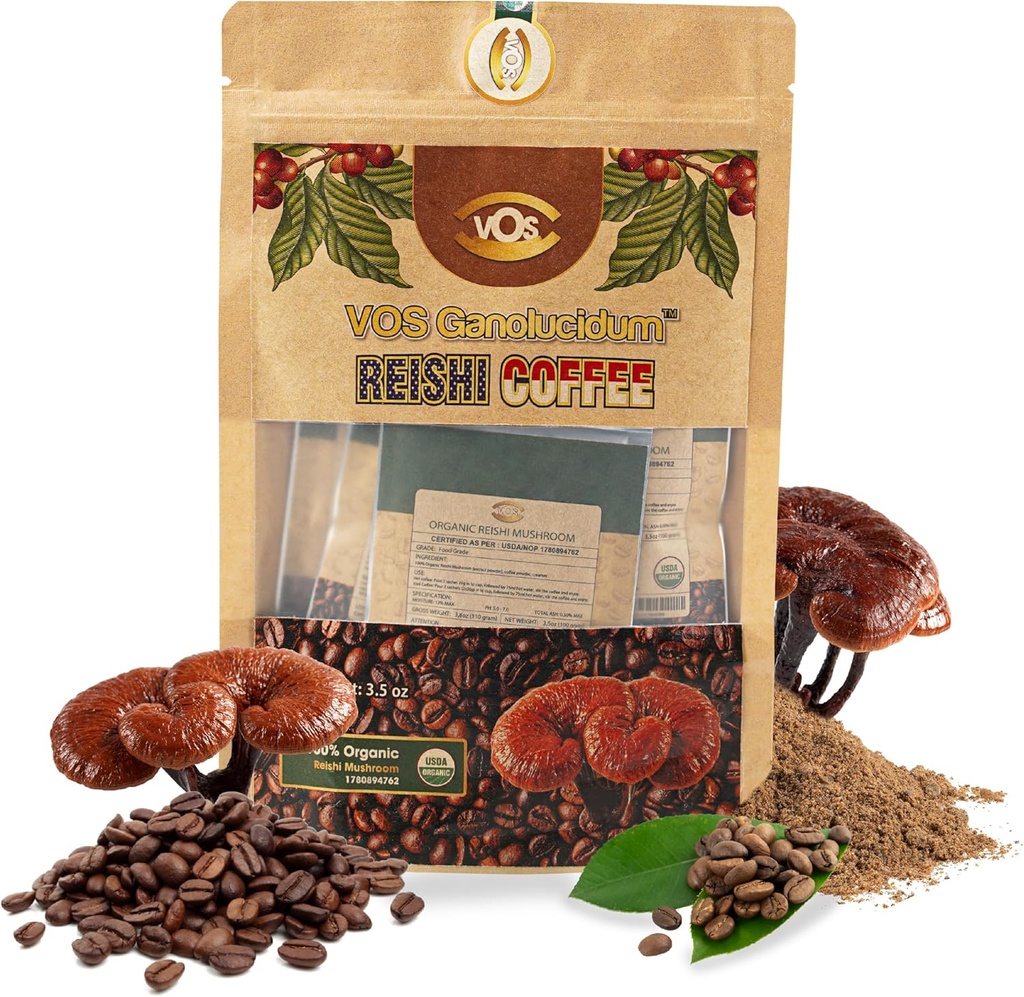 VOS GANOLUCIDUM - 100% Organic Reishi Coffee, 2 in 1 Reishi Mushroom s kávou, 5 vrecúška, veľké ochutnávky, Mushrom Supplement, Podpora pre energiu a imunitu doplnok (0,7 oz každý)