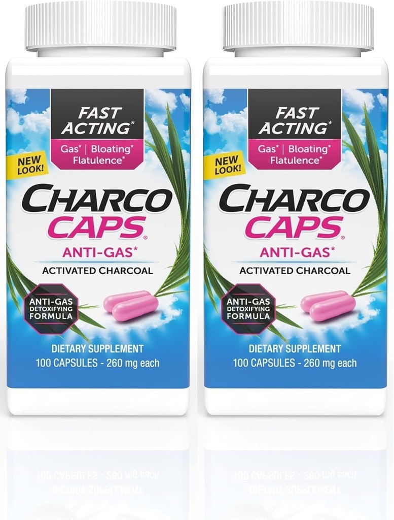 Charcocaps Fast Acting Gas Relief for Bloating & Flatulencia, Drug Free Detoxifying Activated Charcoal Formula, 100 kapsúl, 30-dňová dodávka, Ružové balenie 2 ks