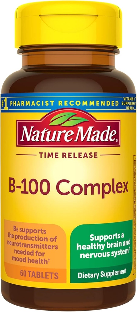 Nature Made Time Release Vitamín B-100 High Potency B Complex, Dietary Supplement for Nervisive System Function Support, 60 Time Release Tablety, 60 Day Supply