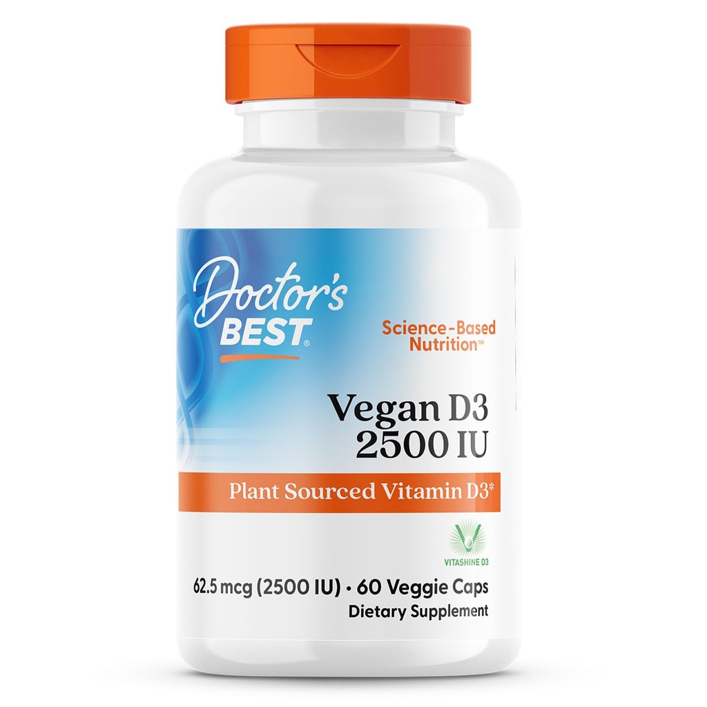 Lekári Najlepšie Vegan D3 2500 IU (Vitashine), Plant Sourced Vitamín D3, Non-GMO, Gluten Free, Soy Free, Vegan 60 Veggie Caps