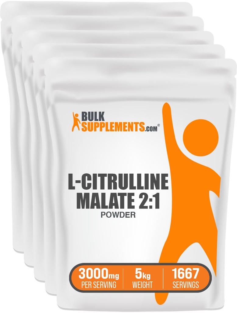 BulkSupplements.com L-Citrulínová malát 2:1 prášok - Posilnenie oxidu dusnatého, Citrulín malát doplnok - Neochutené a bez lepidla - 3g na porcie, 1kg (Stock of 5) (11 lbs)