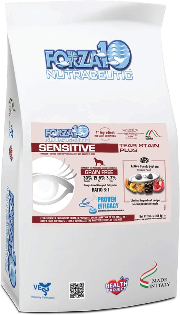Forza10 Sensitive Tear Stain Grain Free Dry Dog Food, zdravý suchý pes Jedlo Formulované tak, aby sa znížila psa tear Stain, pes starostlivosť o oči a tear Stain Remover (9 libry)