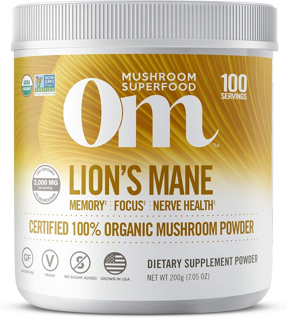 Om Organic Mushrom Nutrition Lion's Mane: Pamäť, Focus, Nerve Health, 100 porcií, 7.14 Ounce, 200 Gram