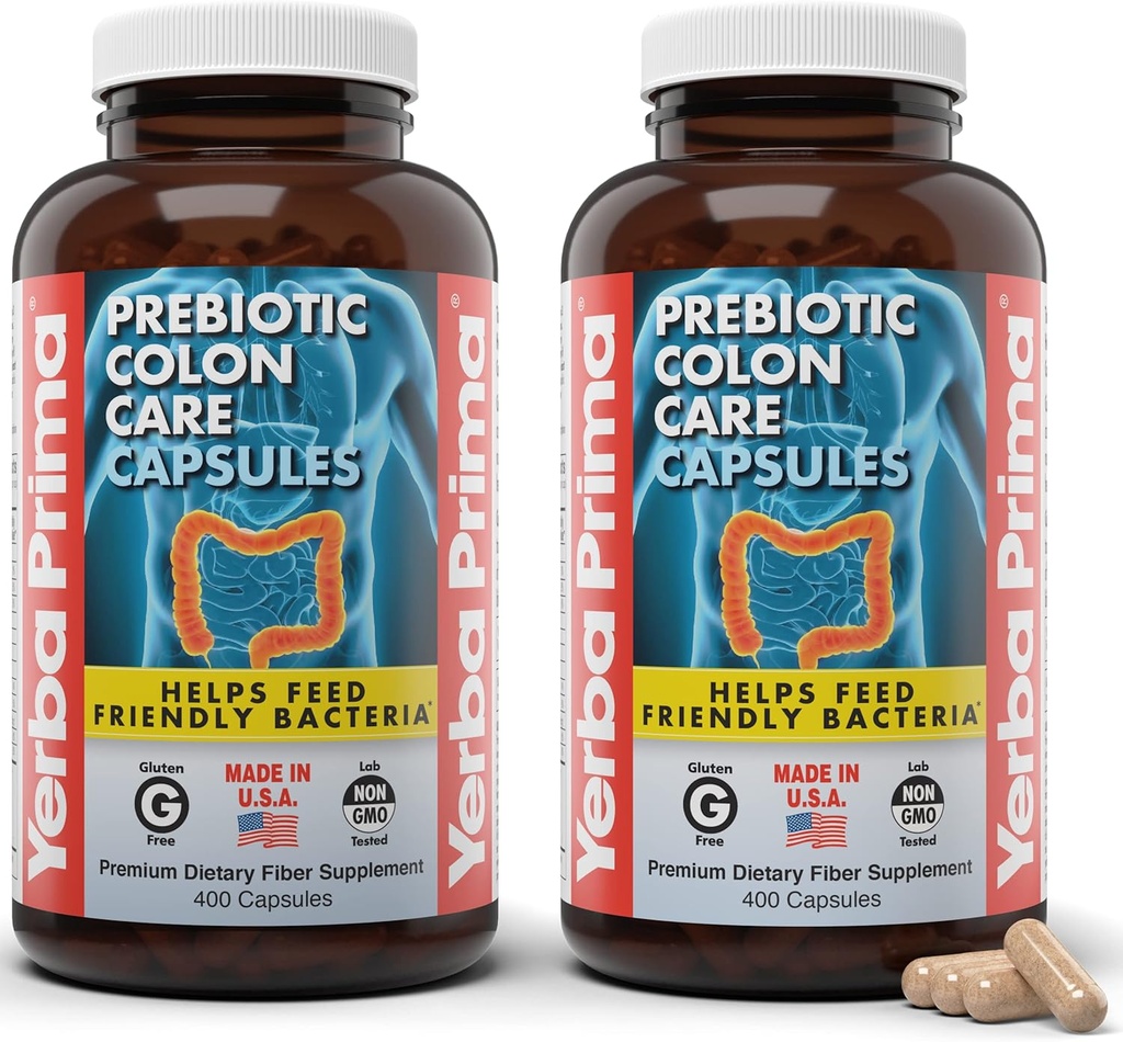 Yerba Prima Prebiotic Colon Care Capsules, 400 Caps (Pack of 2) - Päť foriem Dietary Fiber Supplement - Zdravé rozpustné a nerozpustné vlákna pre pravidelnosť a podporu trávenia