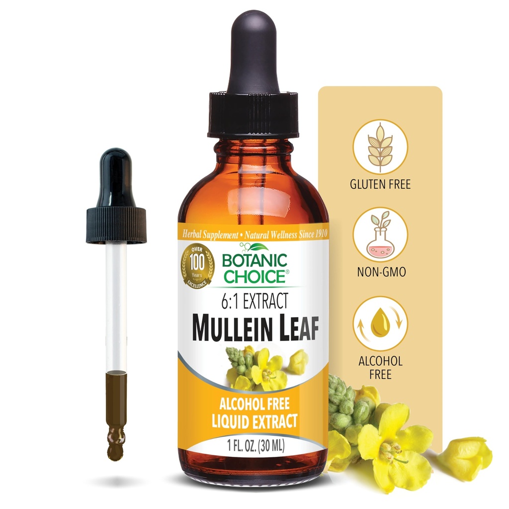 Botanická voľba Mullein Leaf Liquid Extract, bez alkoholu, bez lepku, Tradičná podpora dýchania 1 Fl. Oz.