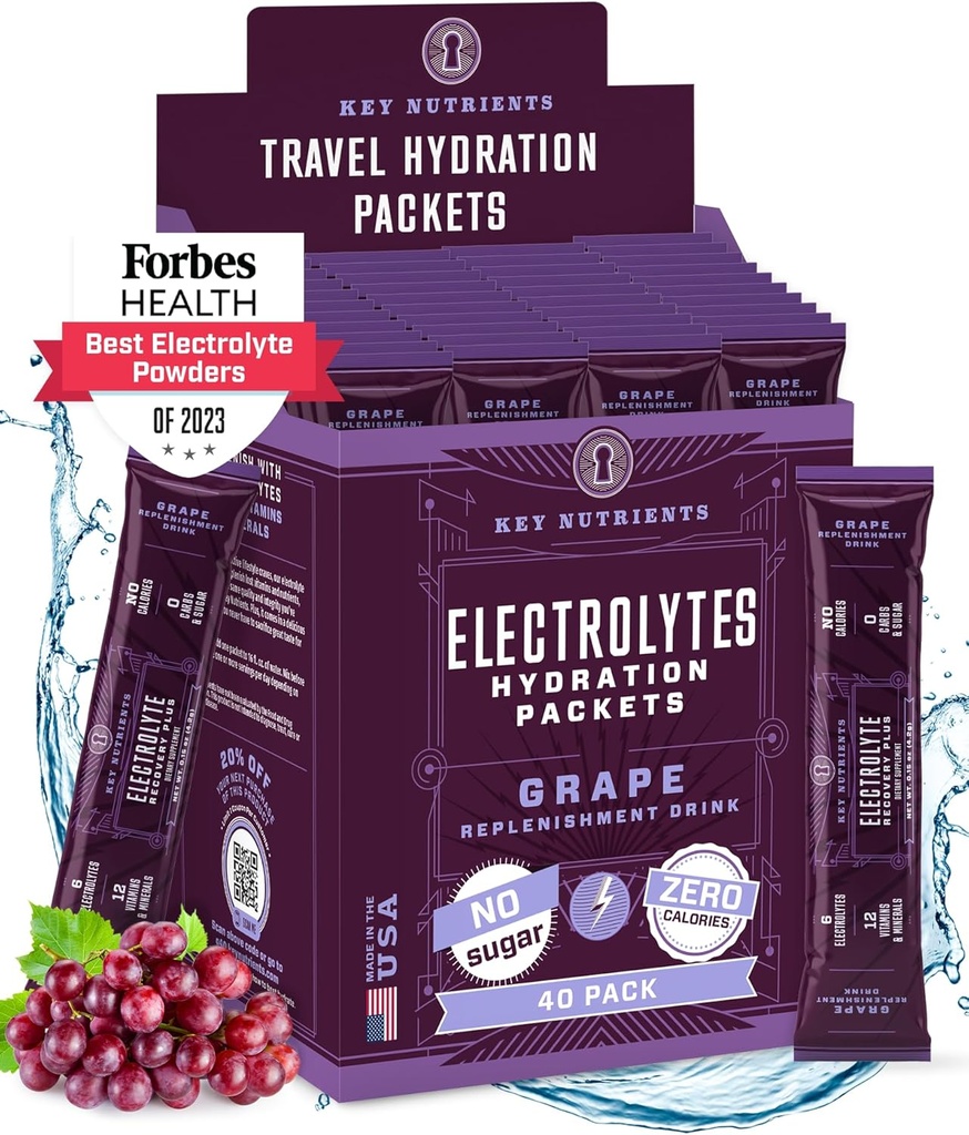 KĽÚČOVÉ NUTRIENTY Powder Packets - Fruity Grape 40 Pack Hydratačné Packet - Cestovanie Hydratácia Powder - Bez cukru, Bez kalórií, Gluten Free - Vyrobené v USA