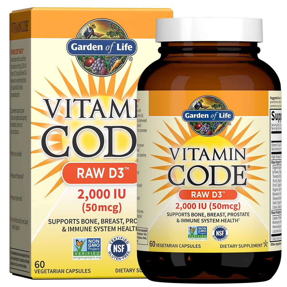 Vitamín D v záhrade života, vitamínový kód D3, vitamín D 2 000 IU, surové celé jedlo D3 doplnky s chlórella, ovocie, zelenina a probiotiká pre zdravie kostí a imunity, 60 vegetariánskych kapsúl
