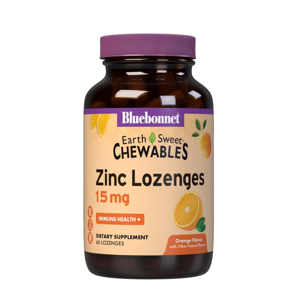 Bluebonnet Nutrition Earthsweet Zinok Lozenges 15mg Chewables, Plus 100mg vitamín C, Soy-free, Gluten-free, Kosher Certified, Dairy-Free, Vegan, Orange Ochutené, 60 Lozenges