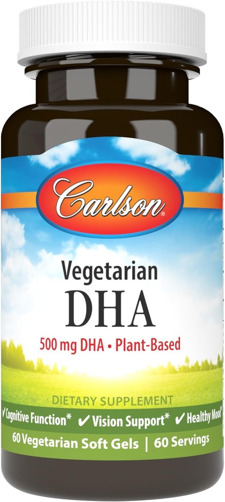 Carlson - Vegetariánska DHA, 500 mg DHA, Plant Based, Udržateľne Zdroj z Algae, Podpora mozgu, Zdravie nálady, 60 Softgels