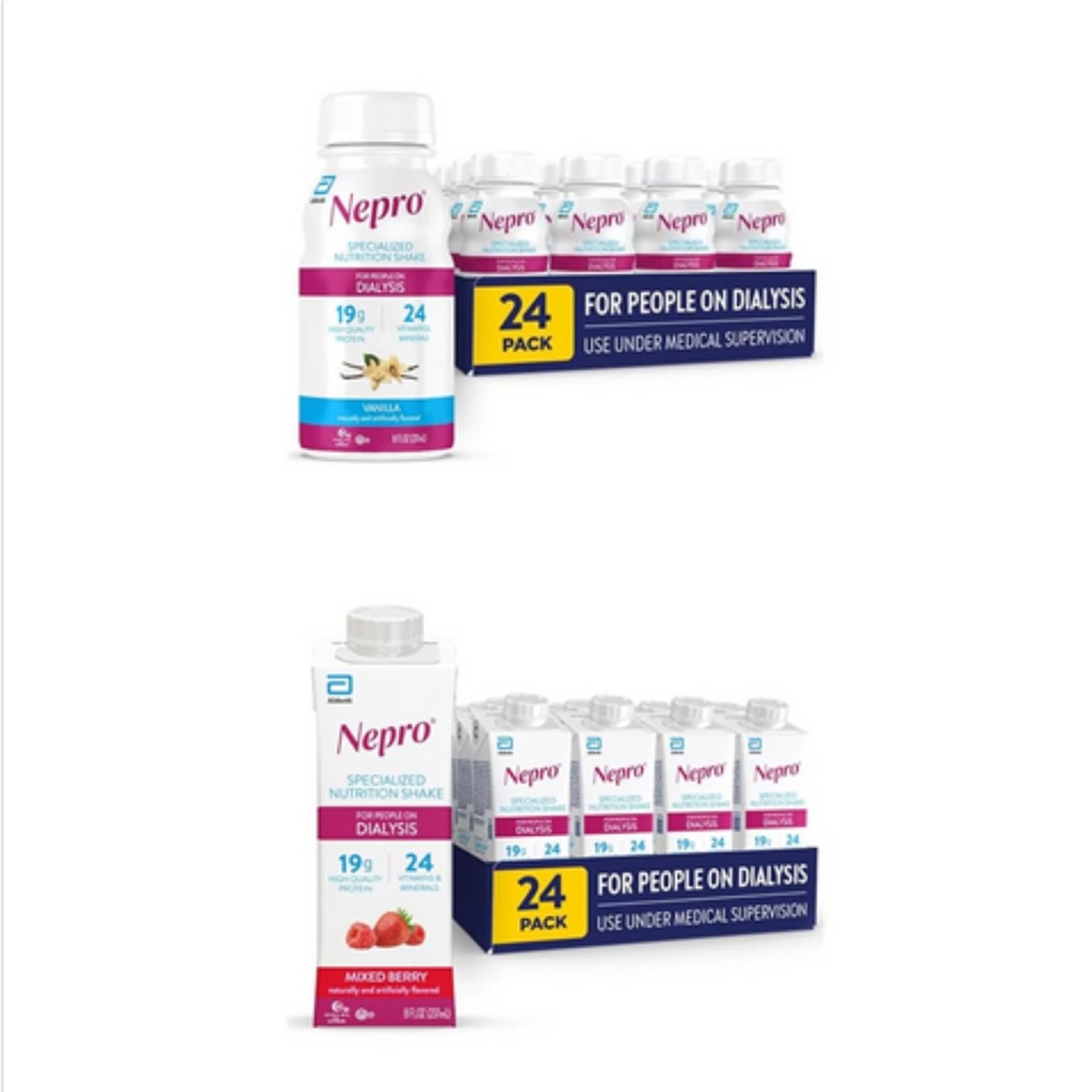 Nepro Nutrition Shake for people on Dialysis, Vanilla, 8 fl oz, (Back of 24) a Nepro Nutrition Shake for People on Dialysis, Mixed Berry, 8 Fl Oz (Back of 24) 