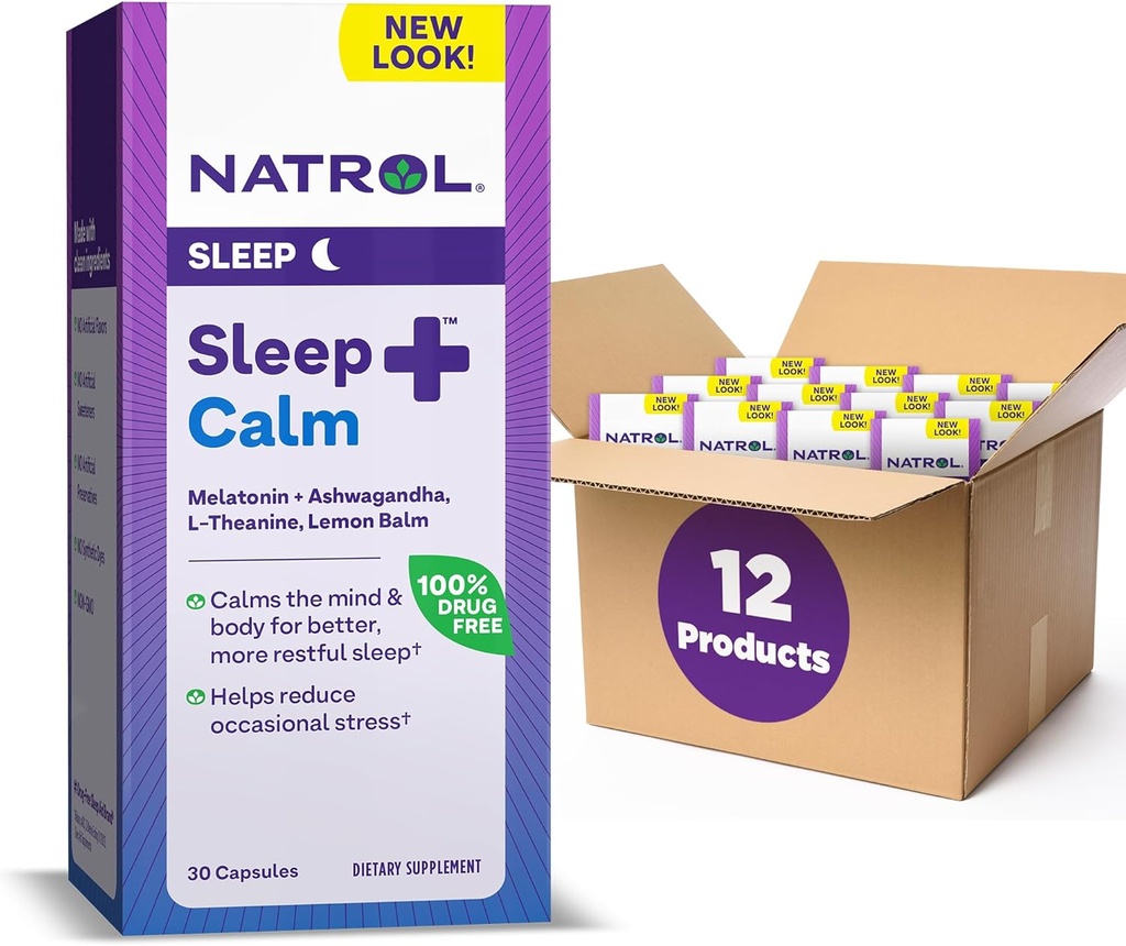 Natrol Sleep+ Pokoj Melatonin 6mg S Ashwagandha, L-Theanine a citrónový balzam, Dietary Supplement for Restful Sleep and Calm the Mind, 30 Kapsule, 30 Day Supply (Pack of 12)