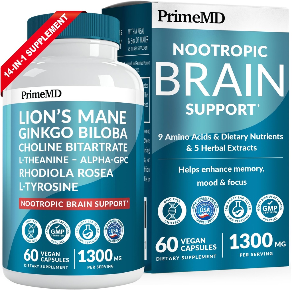 14-v-1 Lions Mane Supplement Kapsule - Nootropic Brain Supplement with Ginkgo Biloba for Brain Support, Memory and Focus - Alpha GPC, L Theanine & Choline Supplements with 1300mg per Serving (60 ct)