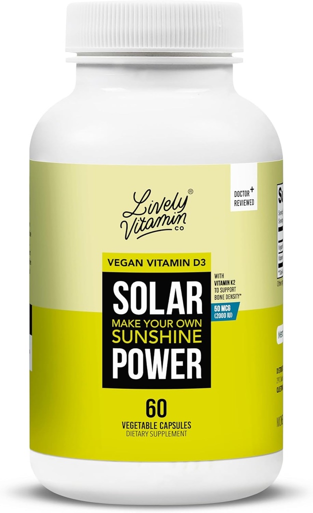 VITAMÍN CO. Solárna energia Vitamín D3 2000 iu - Patentovaný vitamín K - MK7 - Imunitná rovnováha - Funkcia mozgu - Mood - Heart - Stres - 60 Počet