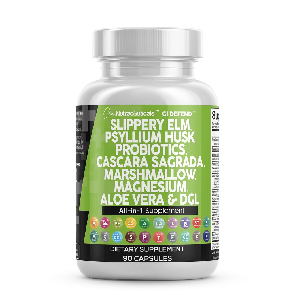 Clean Nutraceuticals Slippery Elm Psyllium Husk Pre Probiotic Digestive Gut Zdravie Supplement with Aloe Vera Cascara Sagrada Marshmallow Root DGL Licorice Senna Extract