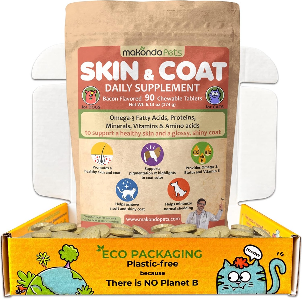 Skin and Coat Supplement with Fish Oil and Omega 3 for Psi and Mačky - Psie svrbenie Relief Pet Supplement for Shedding, Suché svrbenie kože a alergií - Psie alergie liečba Vitamíny (90 Tabule)